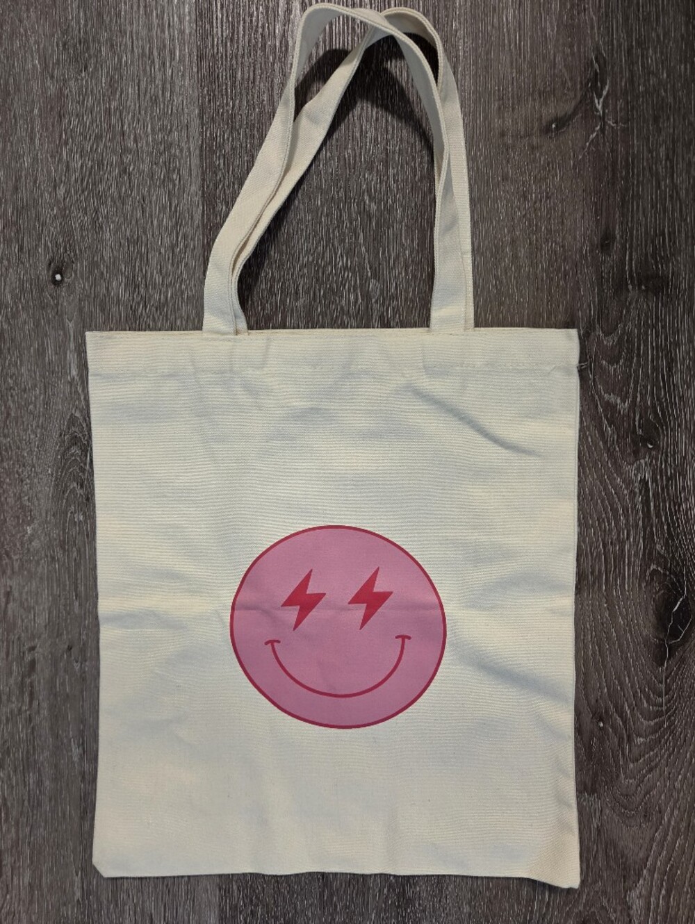NWOT Canvas Tote Bag with Pink Lightning Smiley